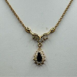 Roman Gold Tone Black Teardrop Pendant Necklace w/ Crystal Accents